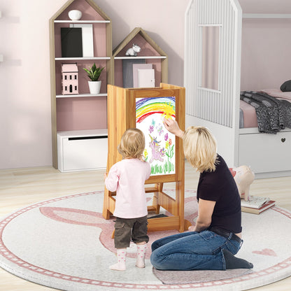 Toddler Kitchen Stool Helper with Chalkboard and Whiteboard-Natural