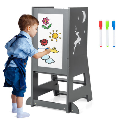 Toddler Kitchen Stool Helper with Chalkboard and Whiteboard-Grey