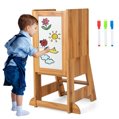 Toddler Kitchen Stool Helper with Chalkboard and Whiteboard-Natural