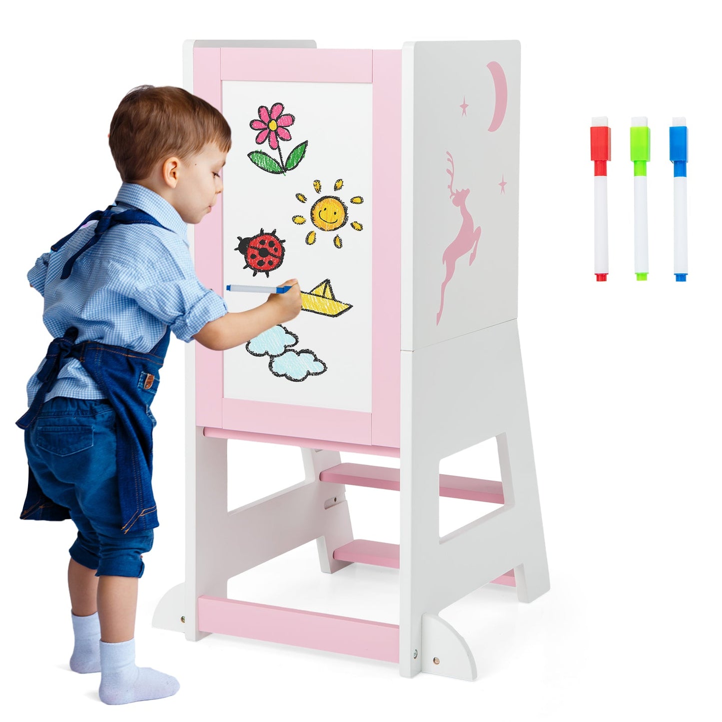 Toddler Kitchen Stool Helper with Chalkboard and Whiteboard-Pink