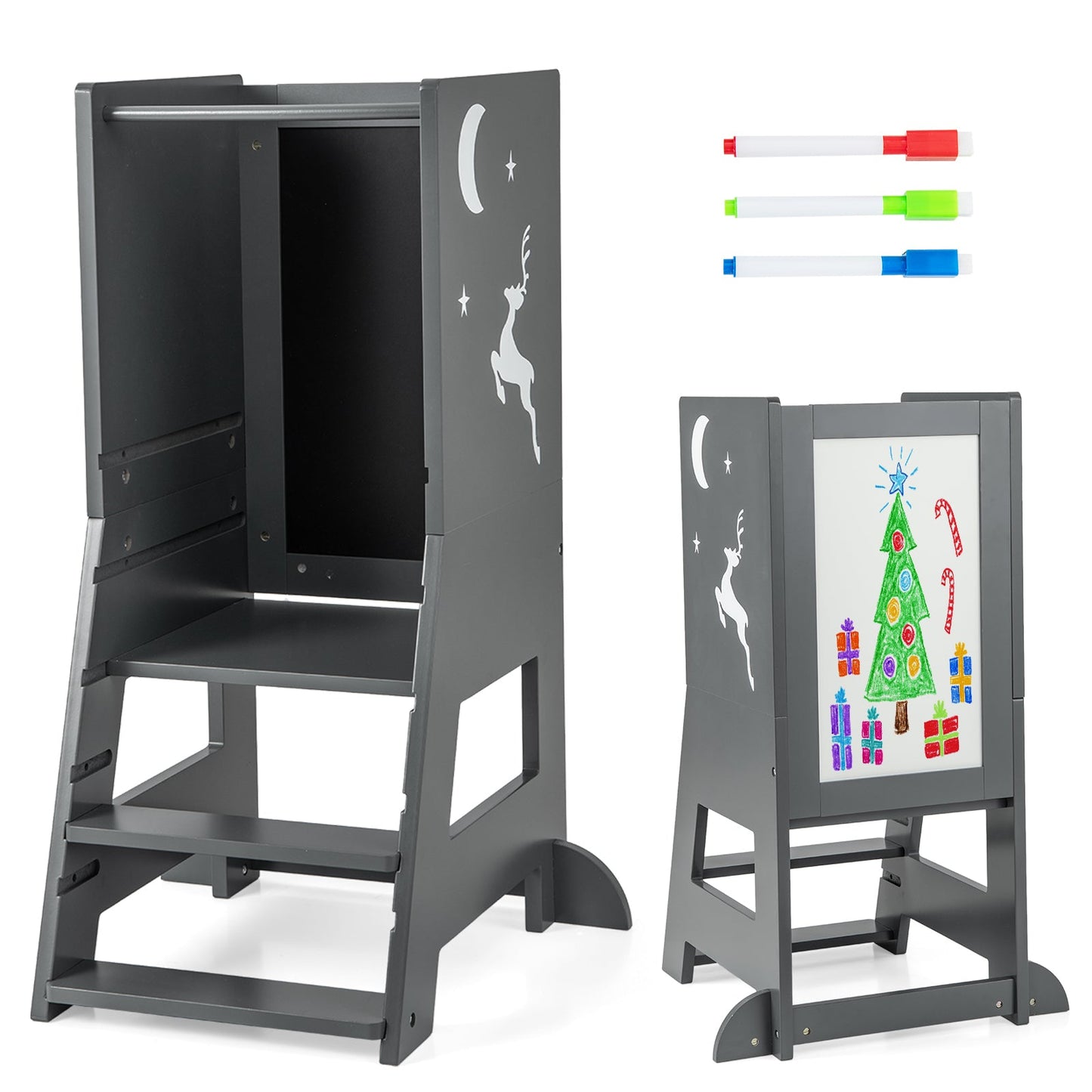 Toddler Kitchen Stool Helper with Chalkboard and Whiteboard-Grey