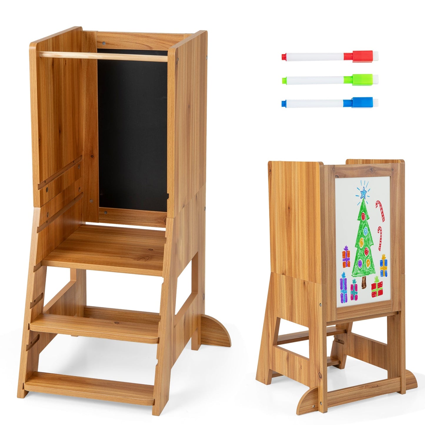 Toddler Kitchen Stool Helper with Chalkboard and Whiteboard-Natural