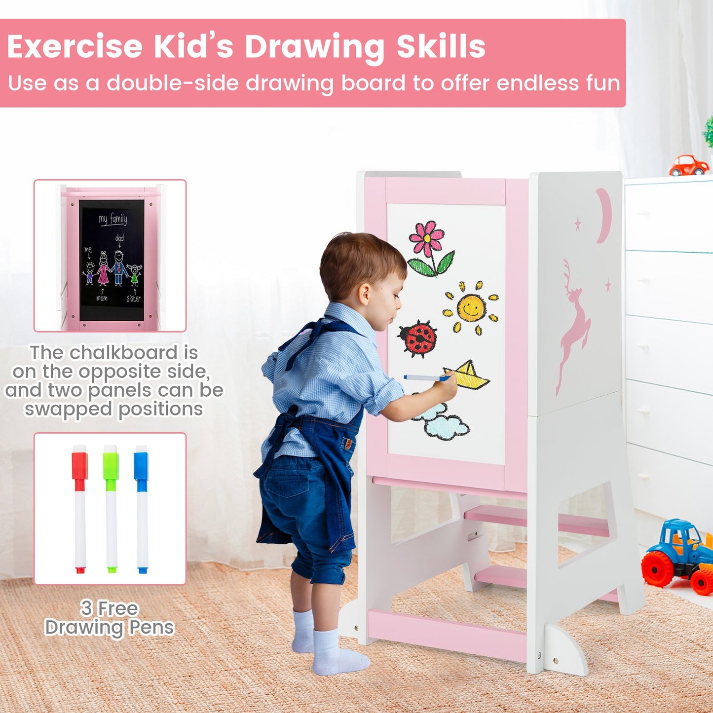 Toddler Kitchen Stool Helper with Chalkboard and Whiteboard-Pink