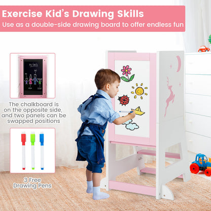 Toddler Kitchen Stool Helper with Chalkboard and Whiteboard-Pink