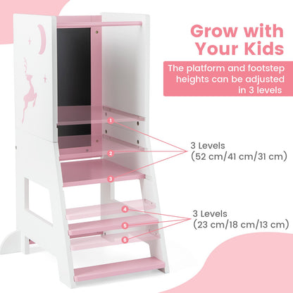 Toddler Kitchen Stool Helper with Chalkboard and Whiteboard-Pink