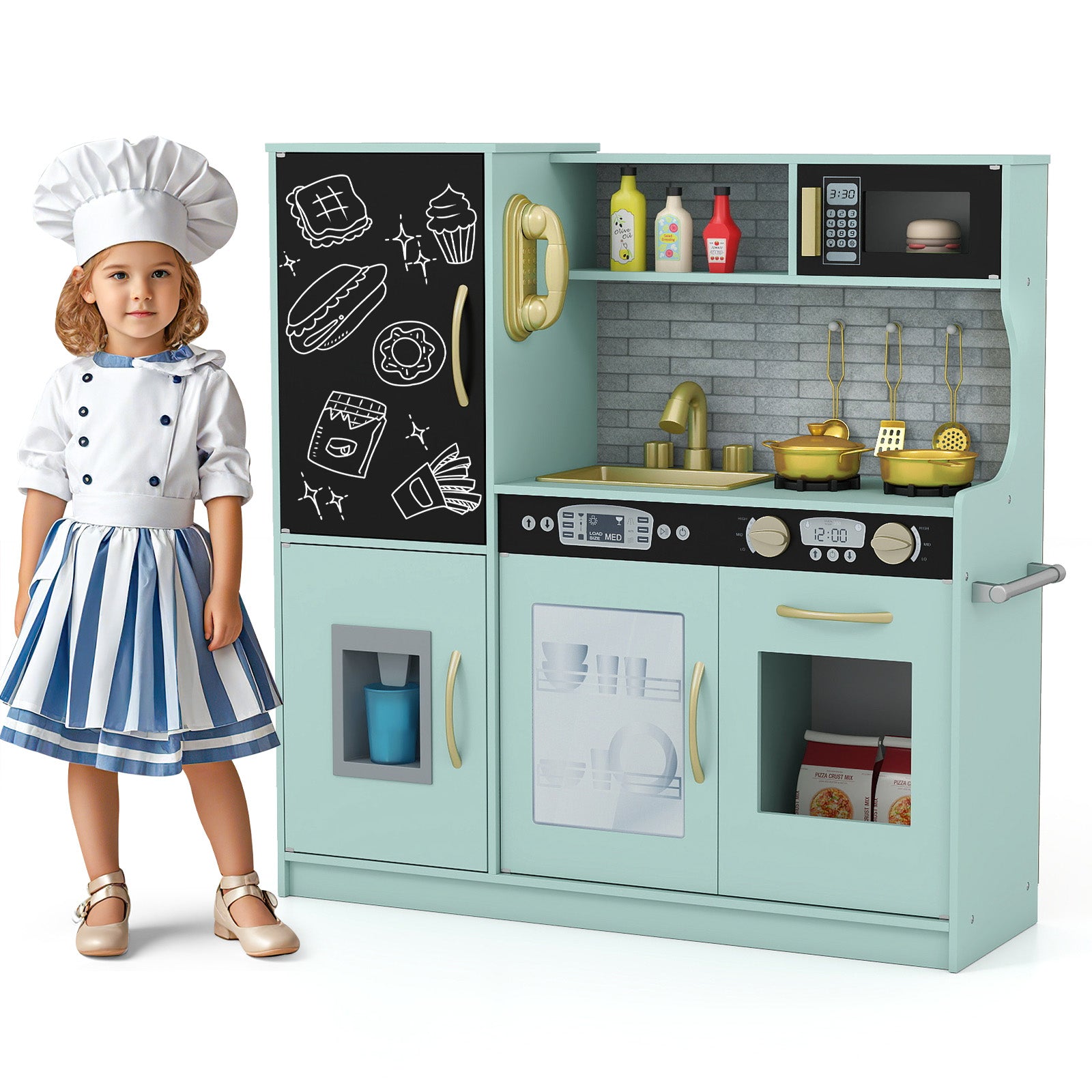 Toddler Pretend Kitchen Playset with Accessories and Simulated Sounds-Green