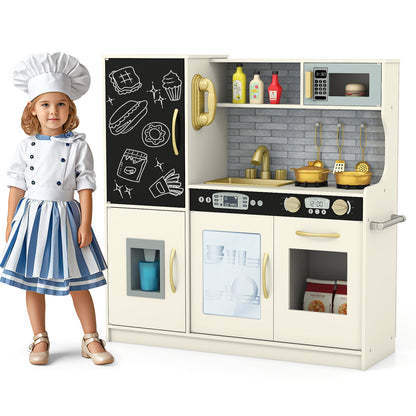 Toddler Pretend Kitchen Playset with Accessories and Simulated Sounds-Beige
