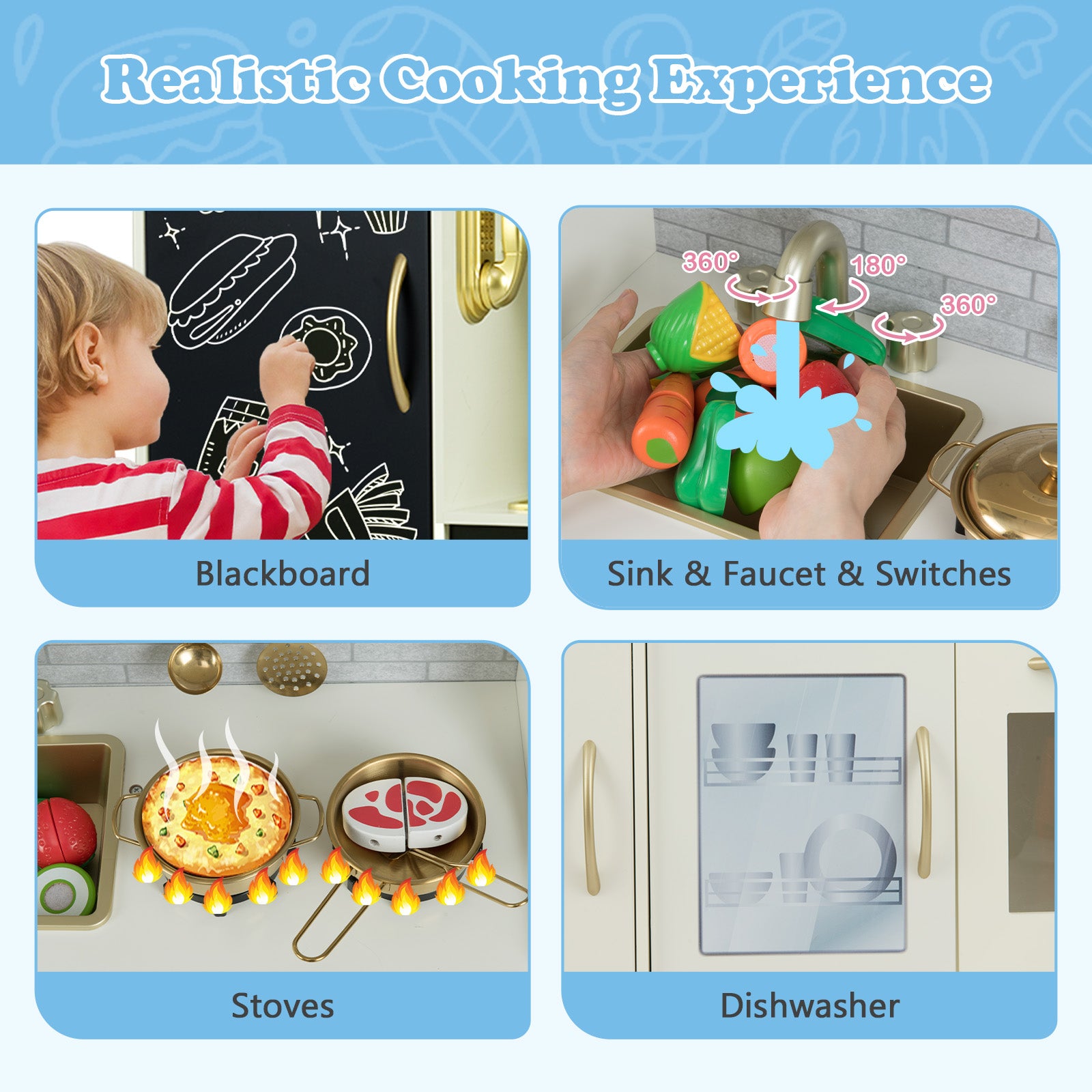 Toddler Pretend Kitchen Playset with Accessories and Simulated Sounds-Beige