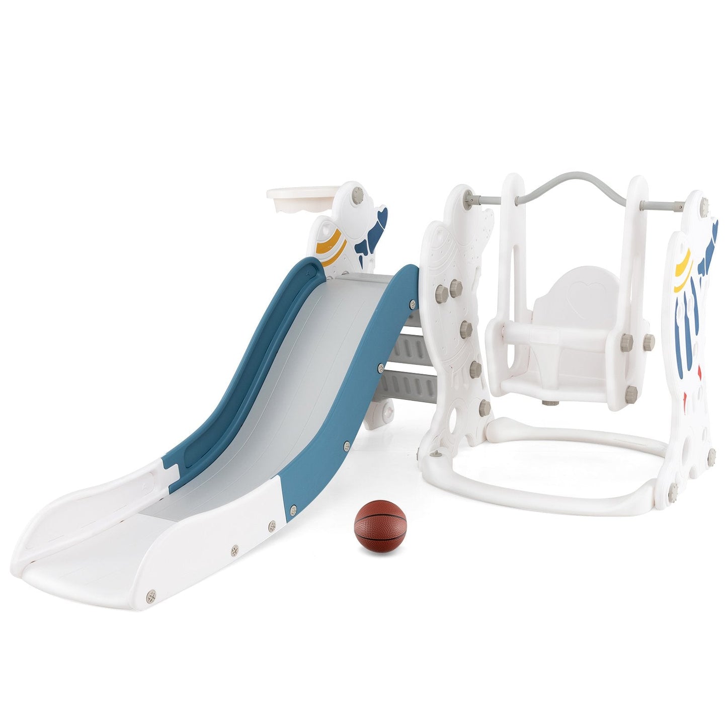 Toddler Slide and Swing Set with Extended Slide, Swing, Basketball Hoop and Climber-Blue