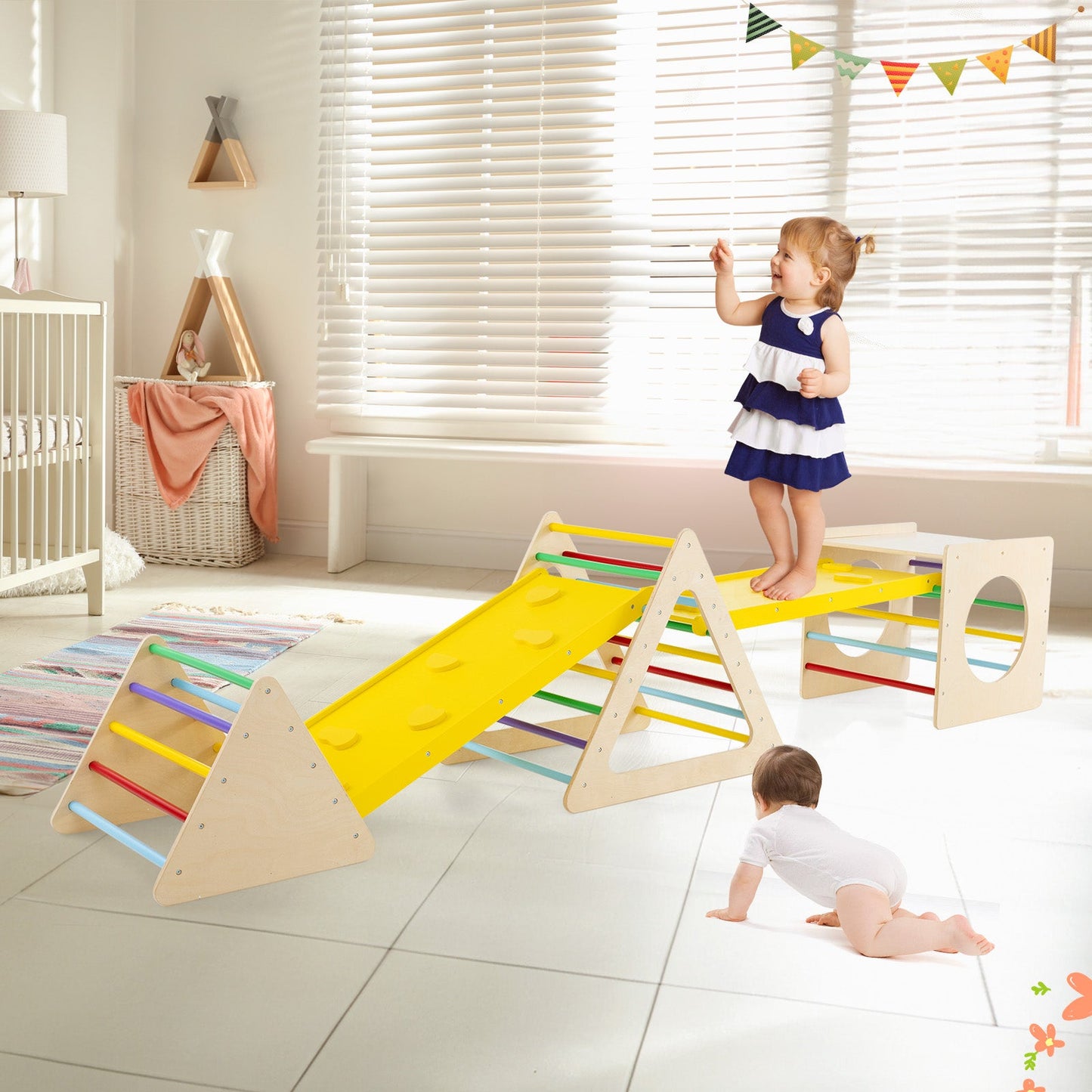 6-in-1 Set of 5 Toddler Triangle Climber for Sliding and Climbing-Natural