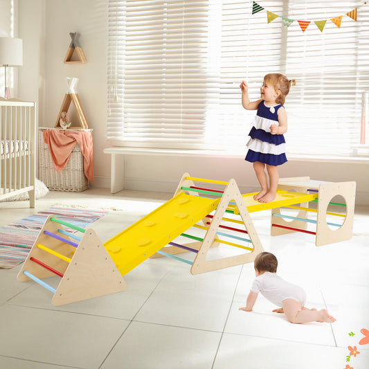 6-in-1 Set of 5 Toddler Triangle Climber for Sliding and Climbing-Natural