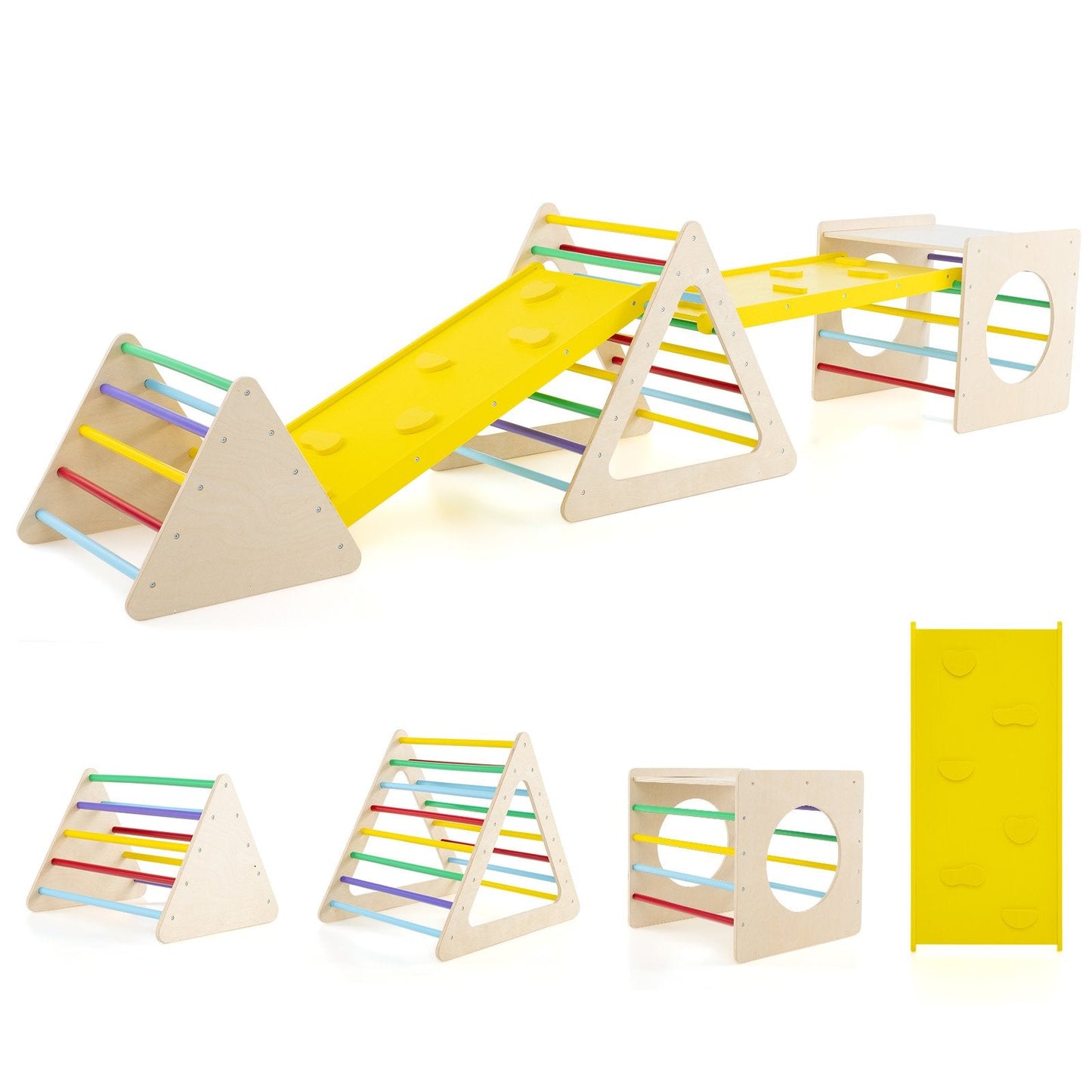 6-in-1 Set of 5 Toddler Triangle Climber for Sliding and Climbing-Natural