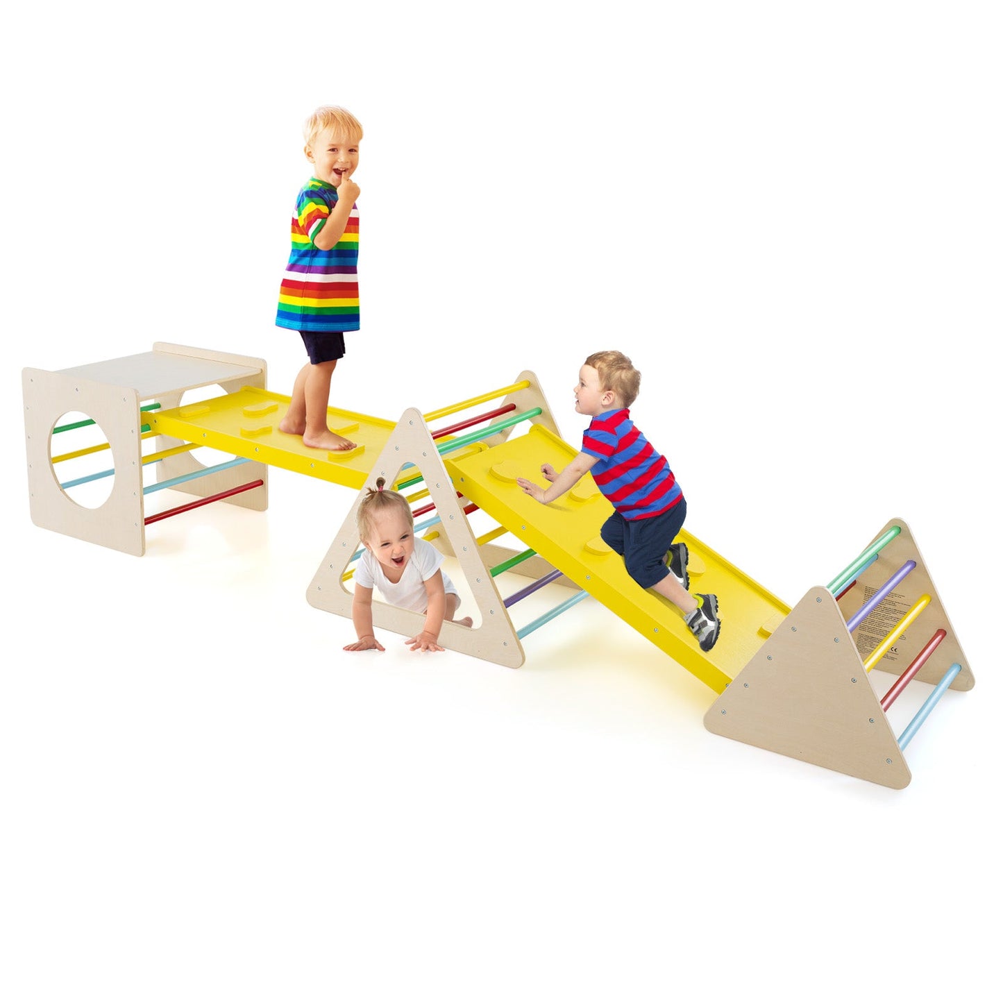 6-in-1 Set of 5 Toddler Triangle Climber for Sliding and Climbing-Natural
