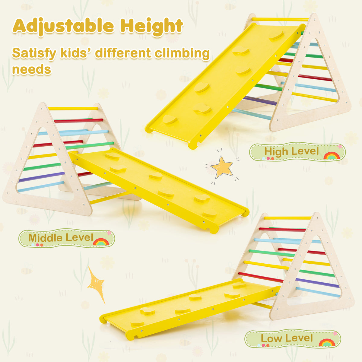 6-in-1 Set of 5 Toddler Triangle Climber for Sliding and Climbing-Natural