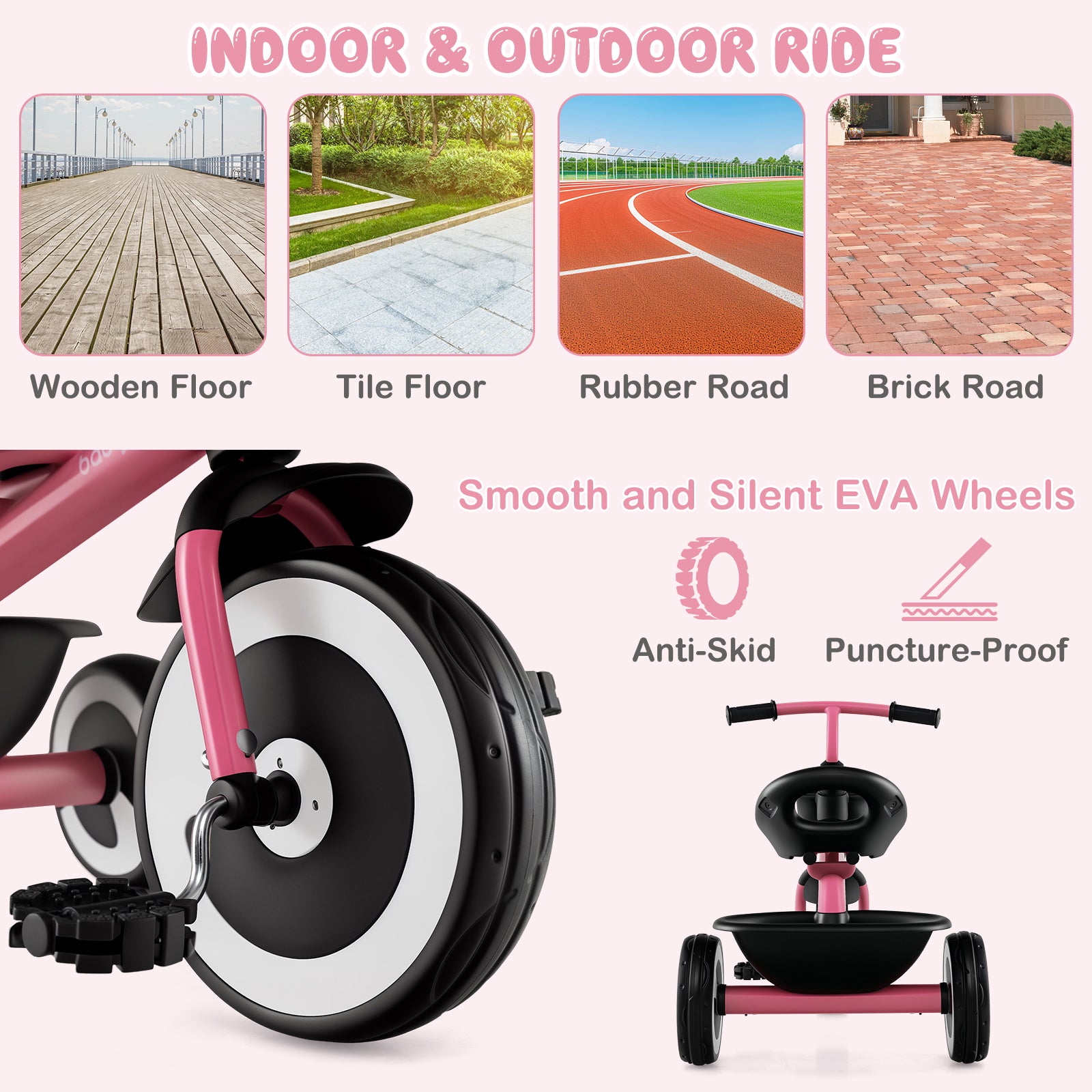 Toddler Tricycle Kids Trike with Adjustable Seat for 1.5-5 Years Old-Pink