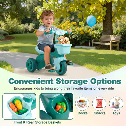 Toddler Tricycle with Limited Steering and Front Storage Basket and Bell-Green
