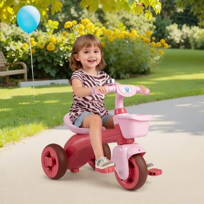 Toddler Tricycle with Limited Steering and Front Storage Basket and Bell-Pink