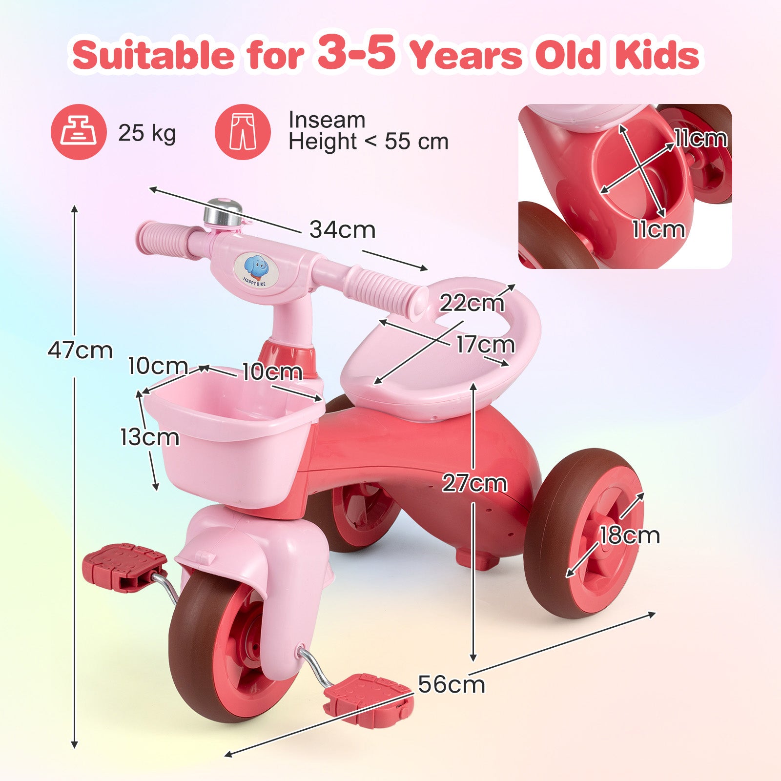 Toddler Tricycle with Limited Steering and Front Storage Basket and Bell-Pink