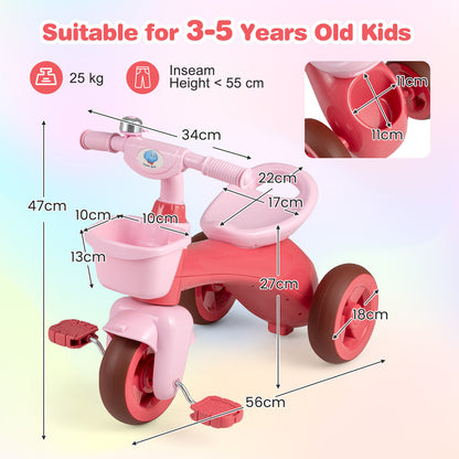 Toddler Tricycle with Limited Steering and Front Storage Basket and Bell-Pink