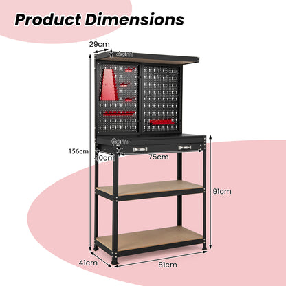 Tool Storage Workbench with Pegboard Shelves and Drawers-Red