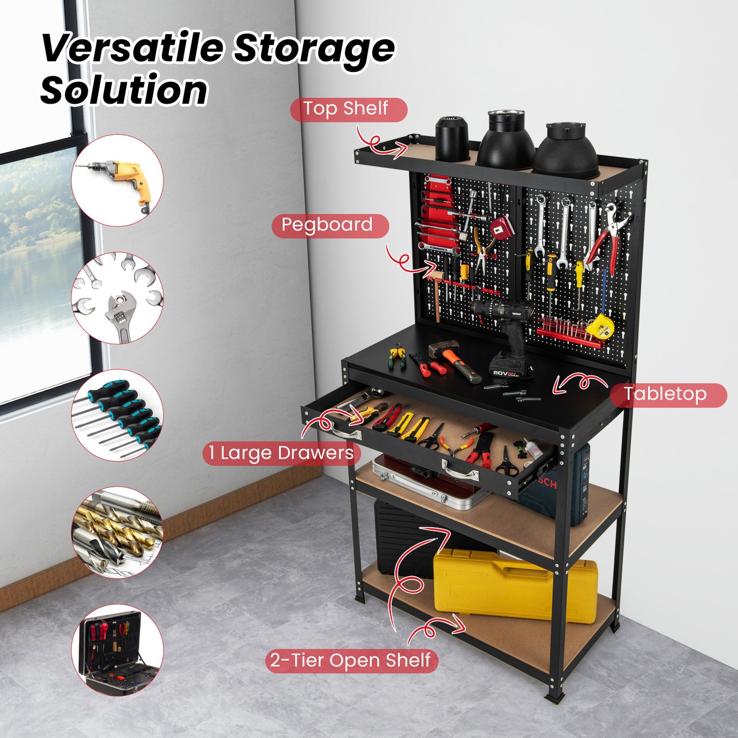 Tool Storage Workbench with Pegboard Shelves and Drawers-Red