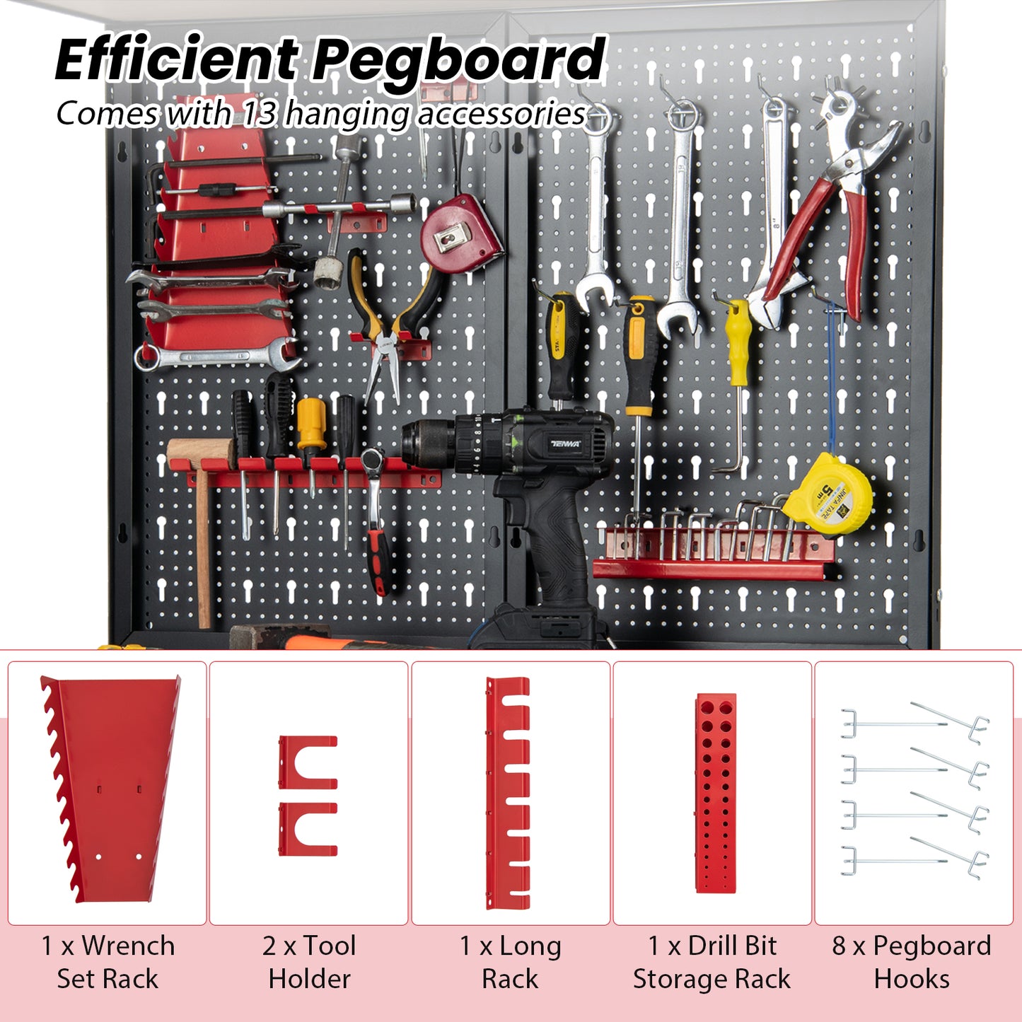 Tool Storage Workbench with Pegboard Shelves and Drawers-Red