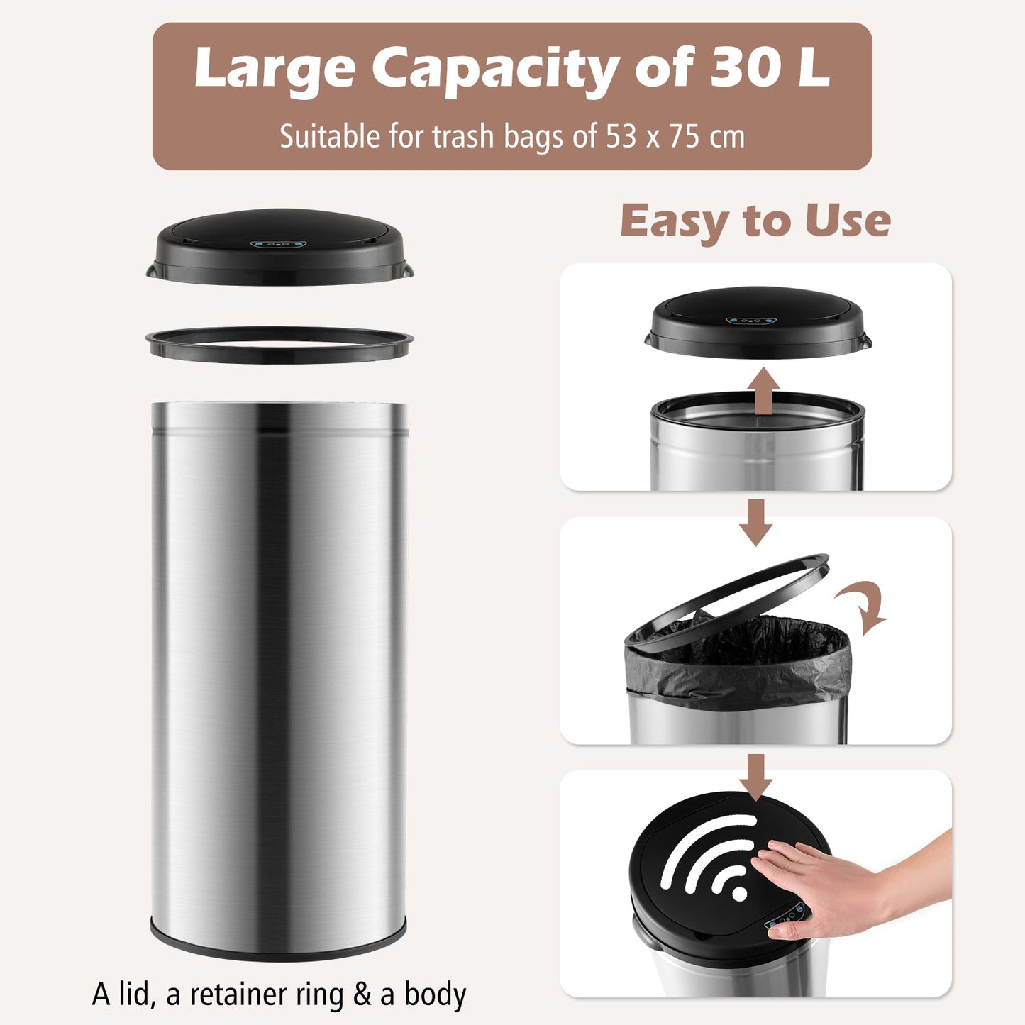 Touchless Trash Can with Motion Sensor Control and Manual Control-Silver