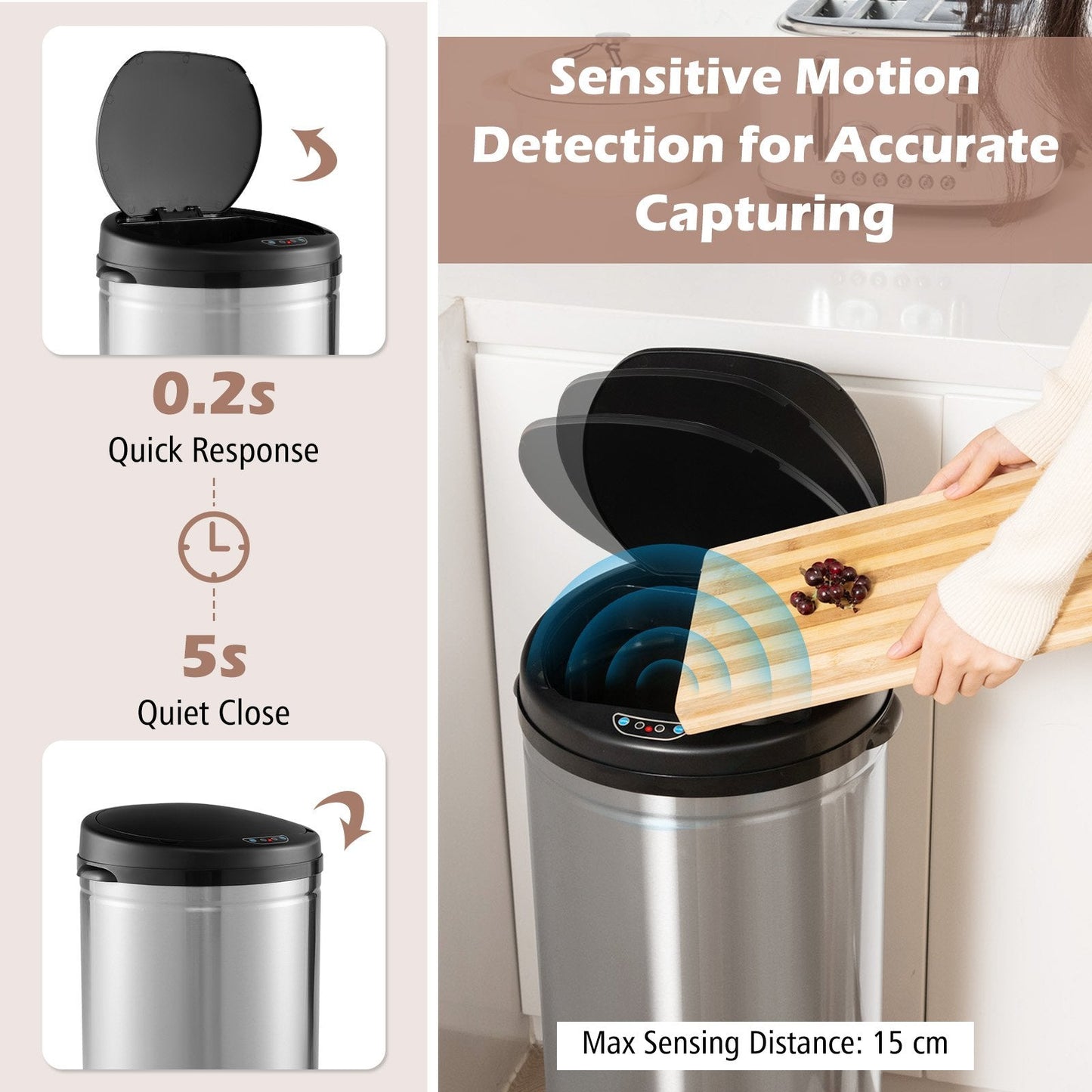 Touchless Trash Can with Motion Sensor Control and Manual Control-Silver