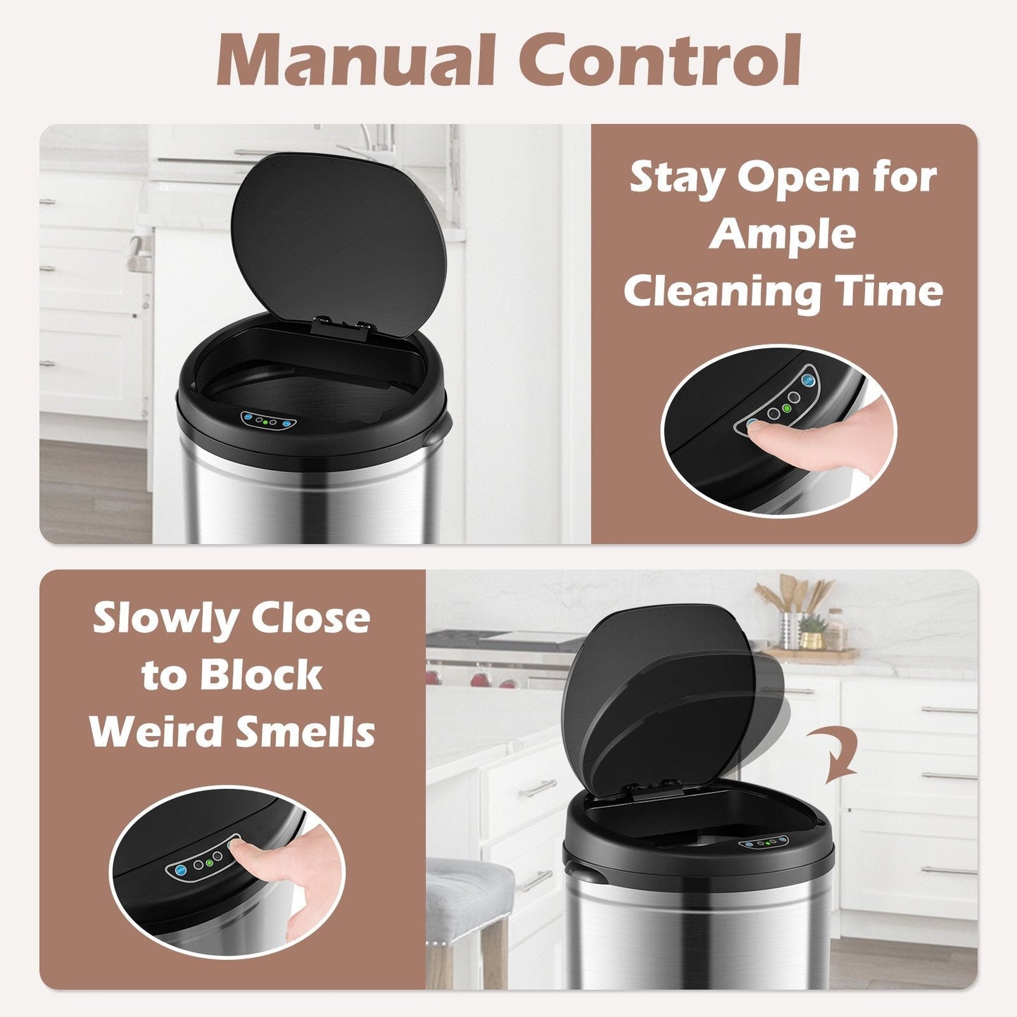 Touchless Trash Can with Motion Sensor Control and Manual Control-Silver