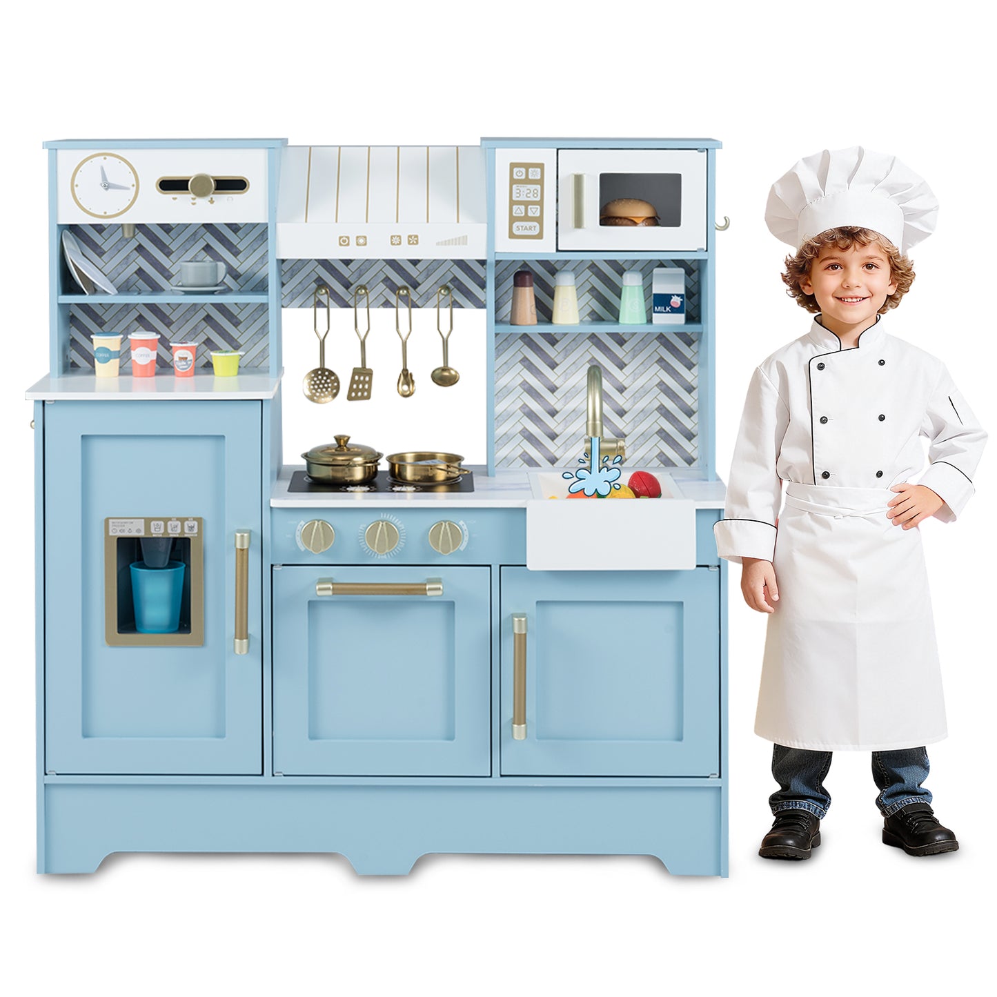 Toy Kitchen Playset with Coffee Station and Range Hood for Kids-Blue