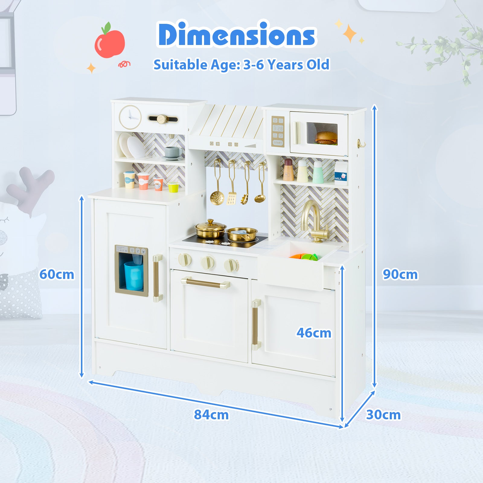 Toy Kitchen Playset with Coffee Station and Range Hood for Kids-White