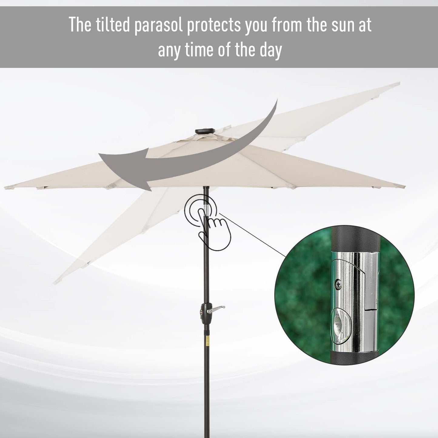 Outsunny 2,7 ​​m Parasol ogrodowy z 24 diodami LED, solarny, uchylny, na patio, klubowy, imprezowy, ręczny, z korbą i 8 żebrami, w kolorze złamanej bieli