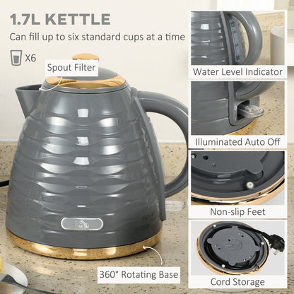 Zestawy czajnika i tostera HOMCOM, czajnik 3000 W 1,7 l do szybkiego gotowania i toster na 4 kromki z 7 przyciskami do przyrumieniania, rozmrażaniem, podgrzewaniem i tacką na okruchy, termostatem Otter, szary