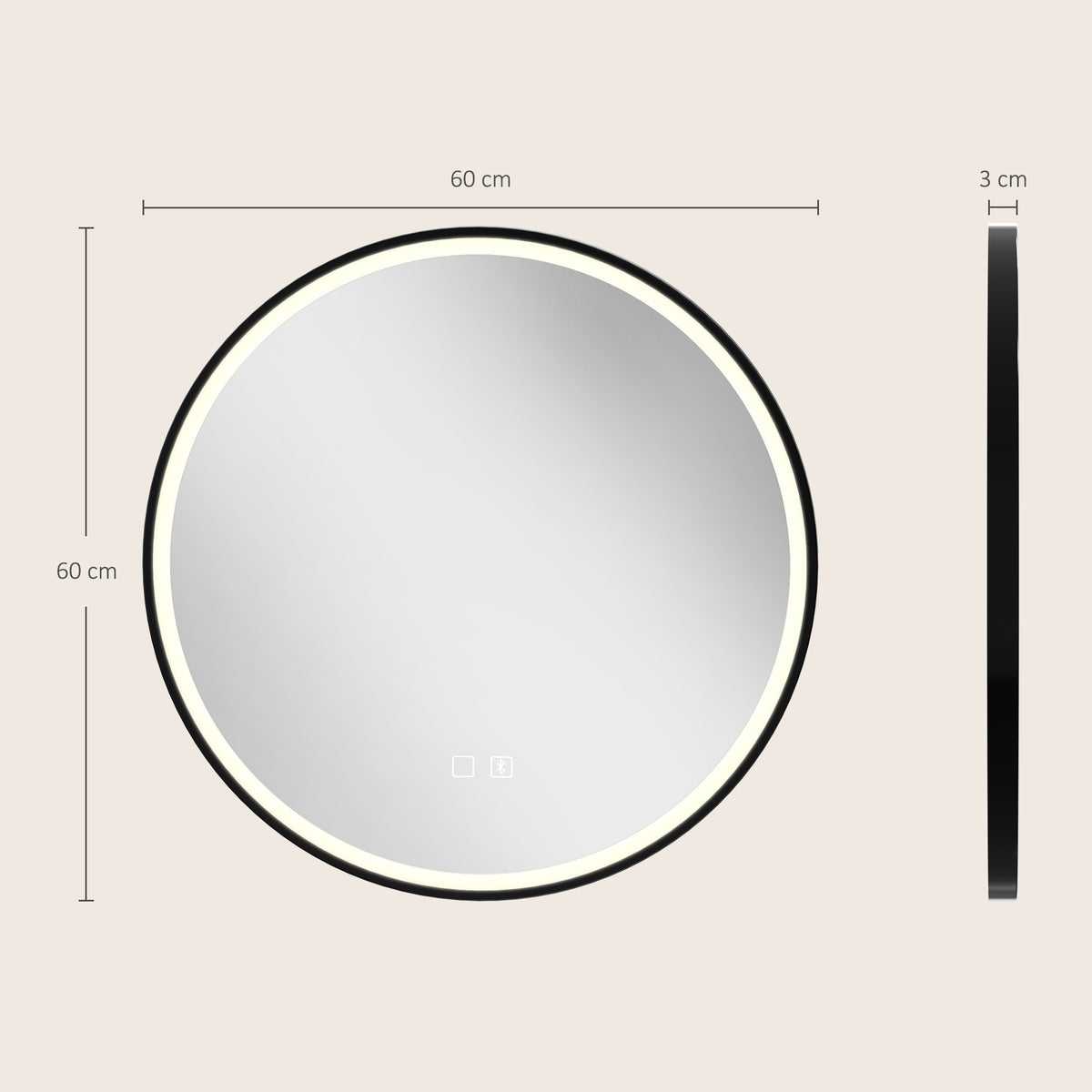 HOMCOM Bathroom Mirror with LED Lights, 60cm Round LED Bathroom Mirror with 3 Colours Dimmable, Bluetooth, Anti-Fog, Black