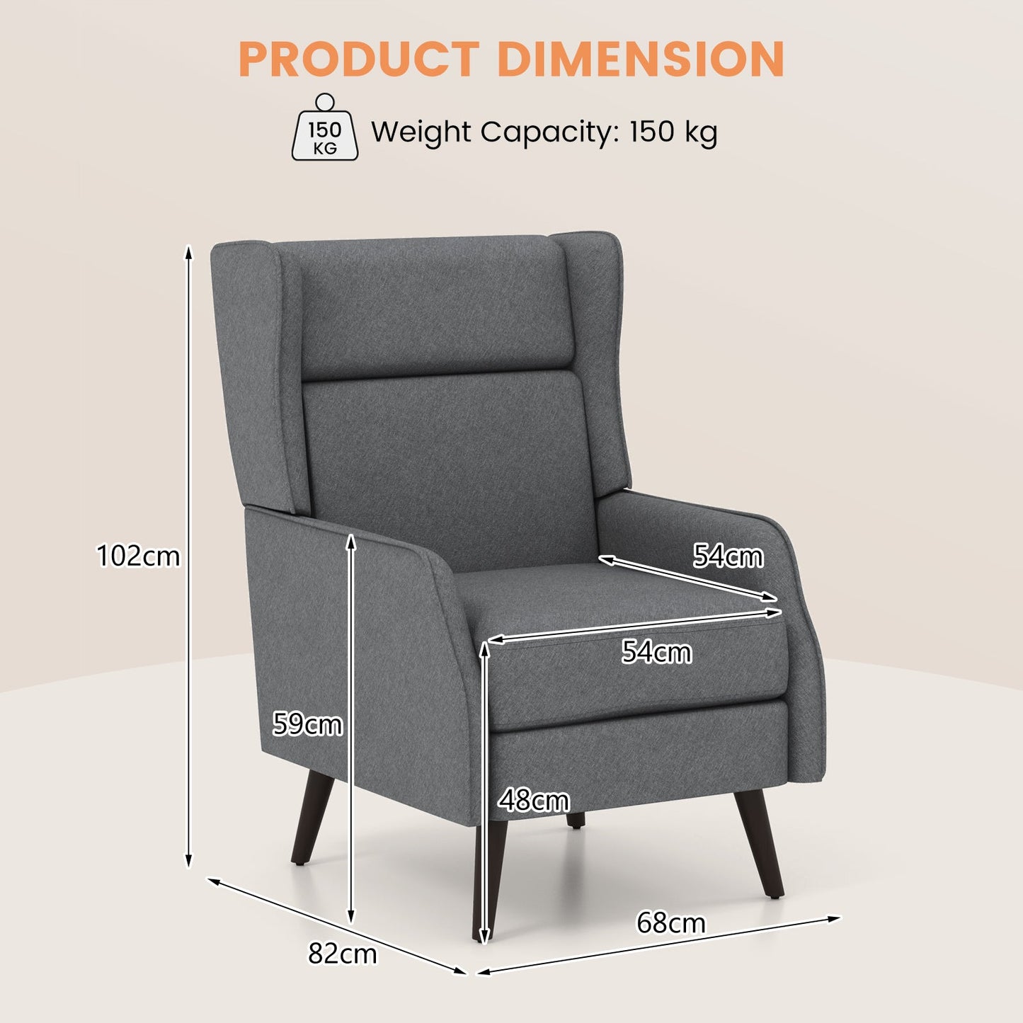 Traditional Fabric Wingback Chair with Removable Seat Cushion-Grey