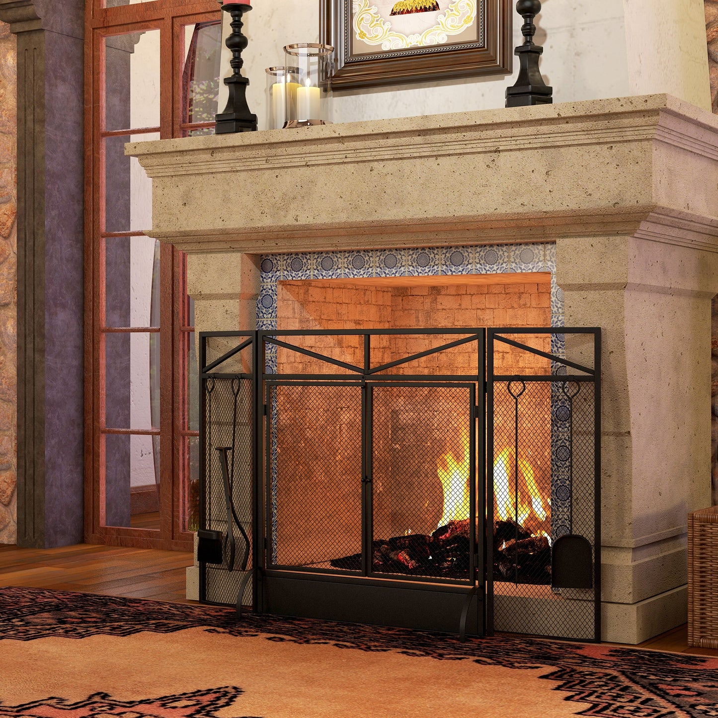HOMCOM 3 Panel Folding Fire Guard Screen with Fireplace Tool Sets and Front Doors, Freestanding Fire Screen Spark Guard with Feet for Open Fire, Log Burner, Fireplace, 122 x77 cm, Black
