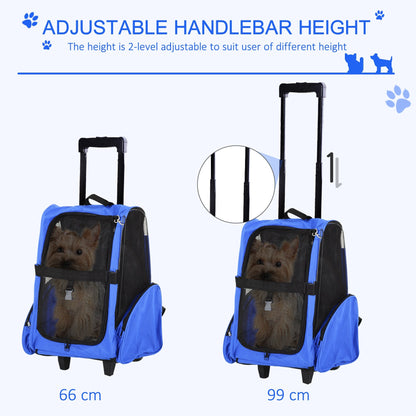 حقيبة ظهر للسفر من PawHut Pet Carrier حقيبة حمل للقطط والجرو والكلب مع عربة، عجلة عربة أطفال محمولة بمقبض تلسكوبي، مقاس 42 × 25 × 55 سم، باللون الأزرق