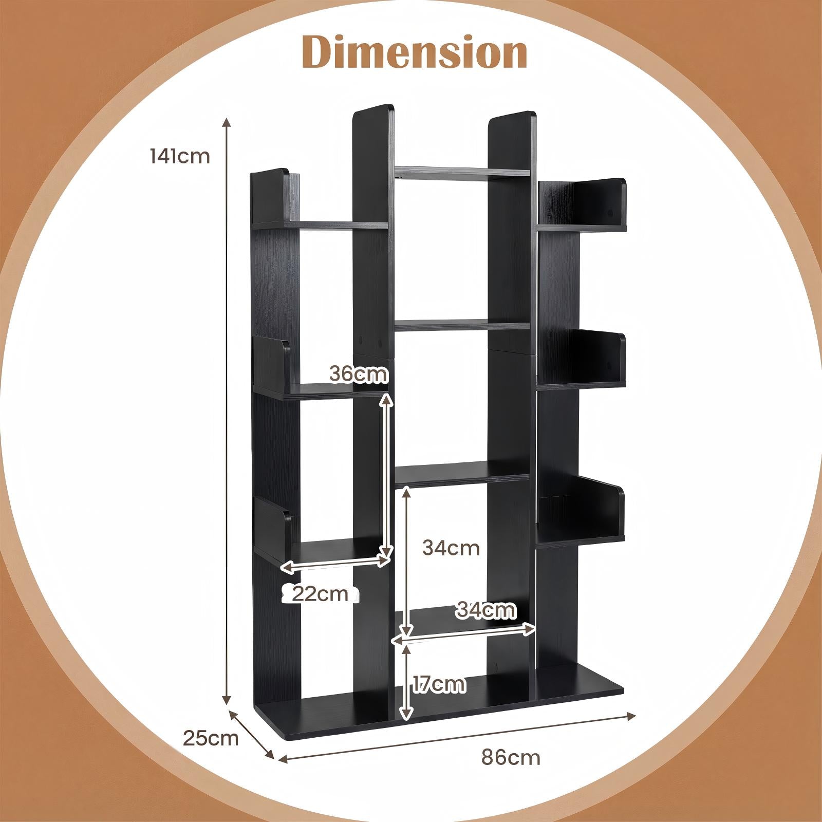 Tree Bookshelf Corner Books Storage Organizer with 13 Open Shelves-Black