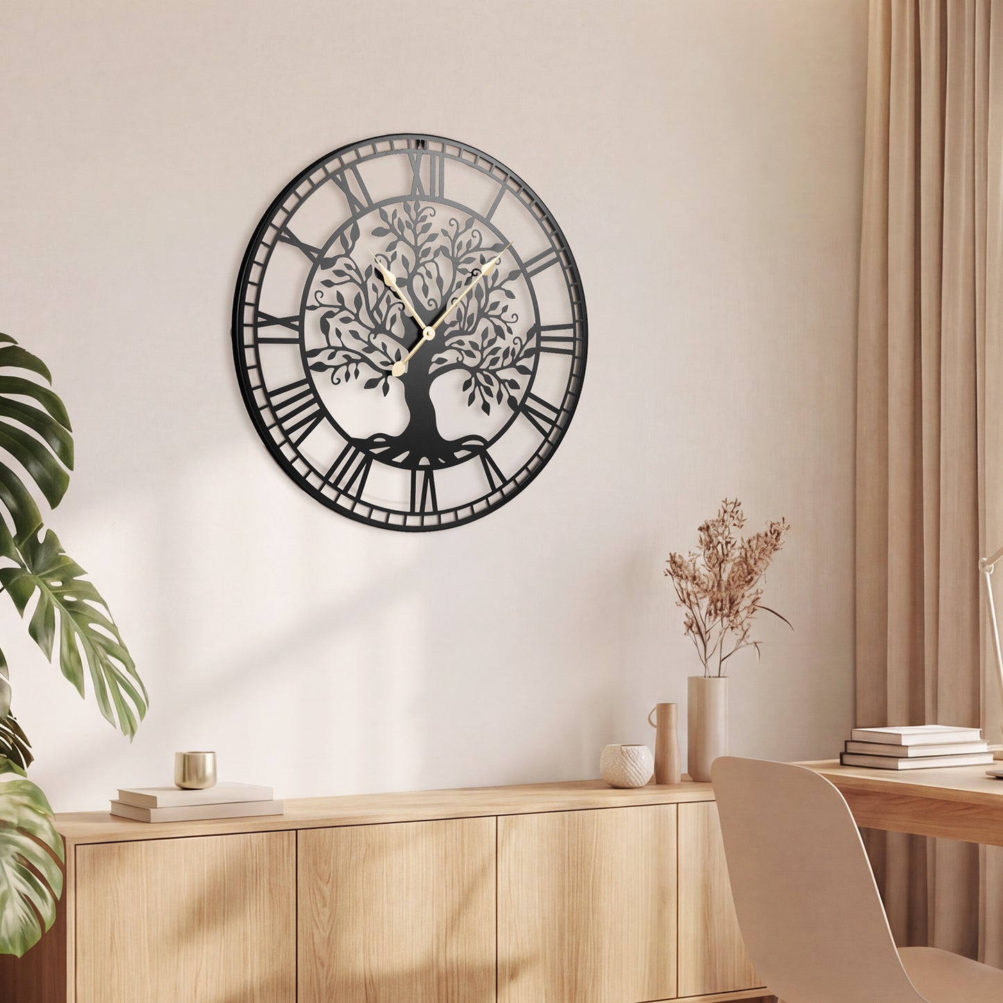 Tree of Life Non-Ticking Metal Wall Clock for Living Room Bedroom Kitchen-Black