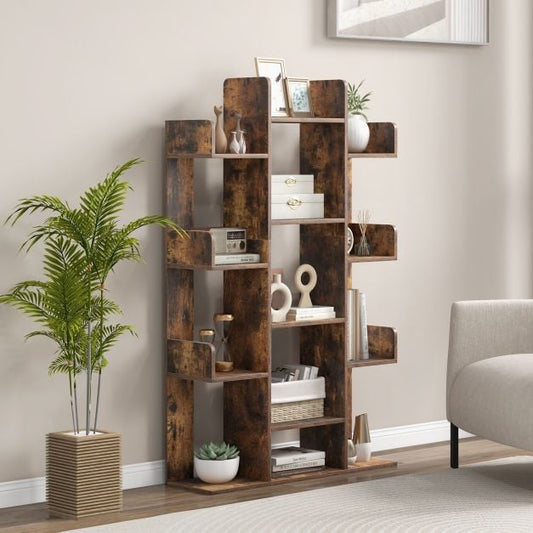Narożny organizer na książki Tree Bookshelf z 13 otwartymi półkami - rustykalny brąz