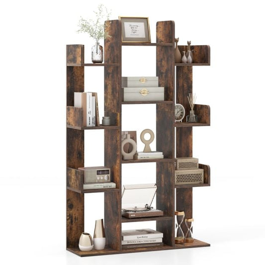 Narożny organizer na książki Tree Bookshelf z 13 otwartymi półkami - rustykalny brąz