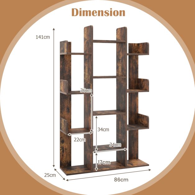 Tree Bookshelf Corner Books Storage Organizer with 13 Open Shelves-Rustic Brown