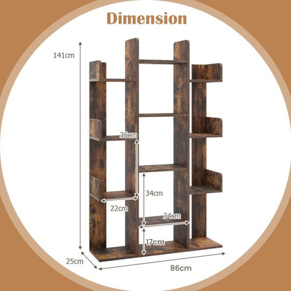 Tree Bookshelf Corner Books Storage Organizer with 13 Open Shelves-Rustic Brown