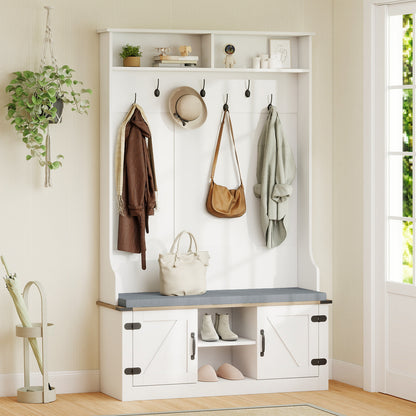 4-in-1 Hall Tree with Cushioned Bench and Shoe Storage for Living Room-White