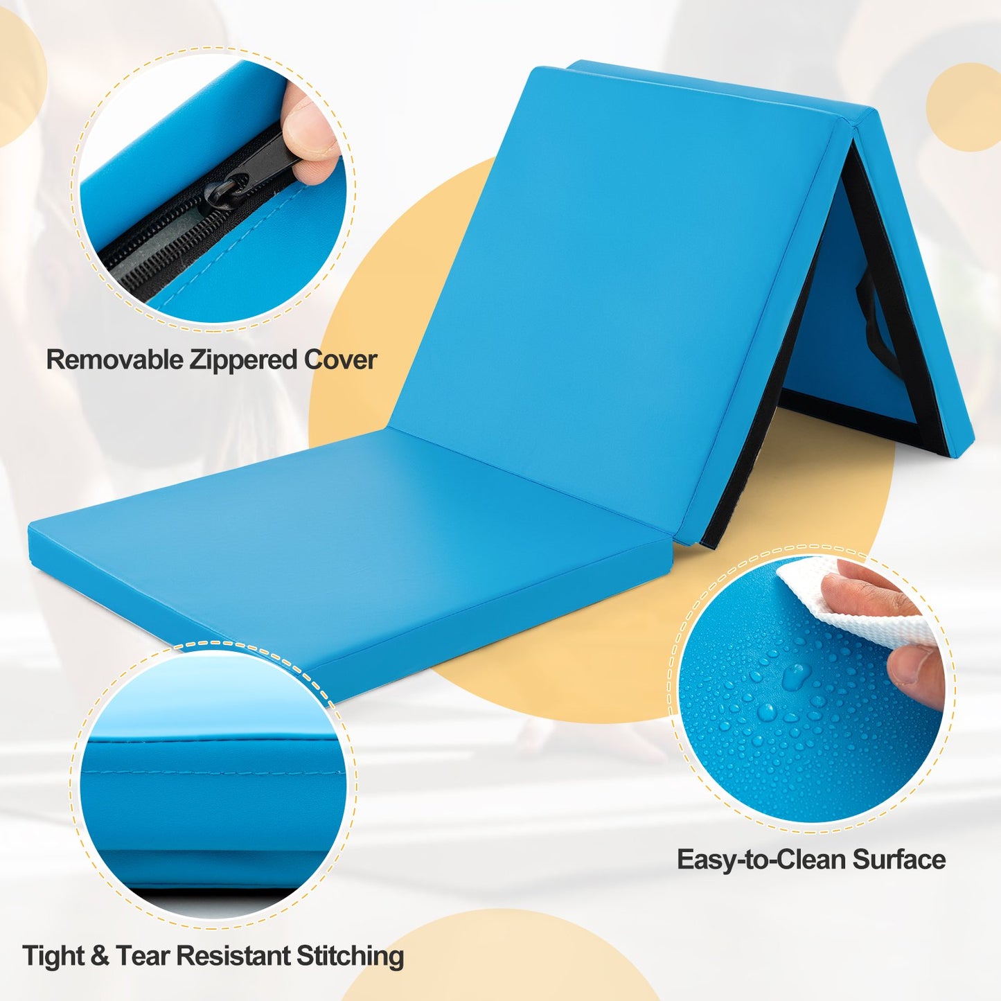 Tri-Fold Folding Exercise Mat with PU Leather Cover-Blue