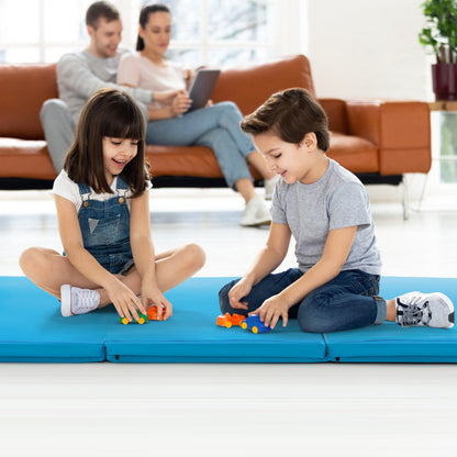 Tri-Fold Folding Exercise Mat with PU Leather Cover-Blue