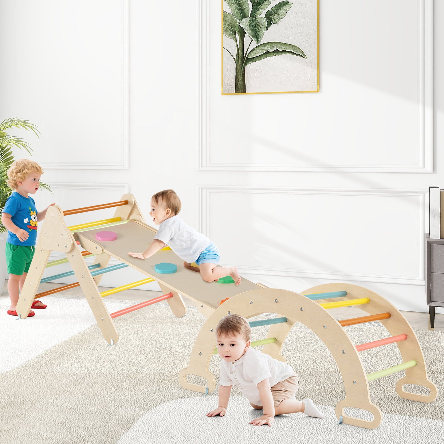 5-in-1 Triangle Climbing Toys with Arch Ramp for 1+ Years Old-Macaron