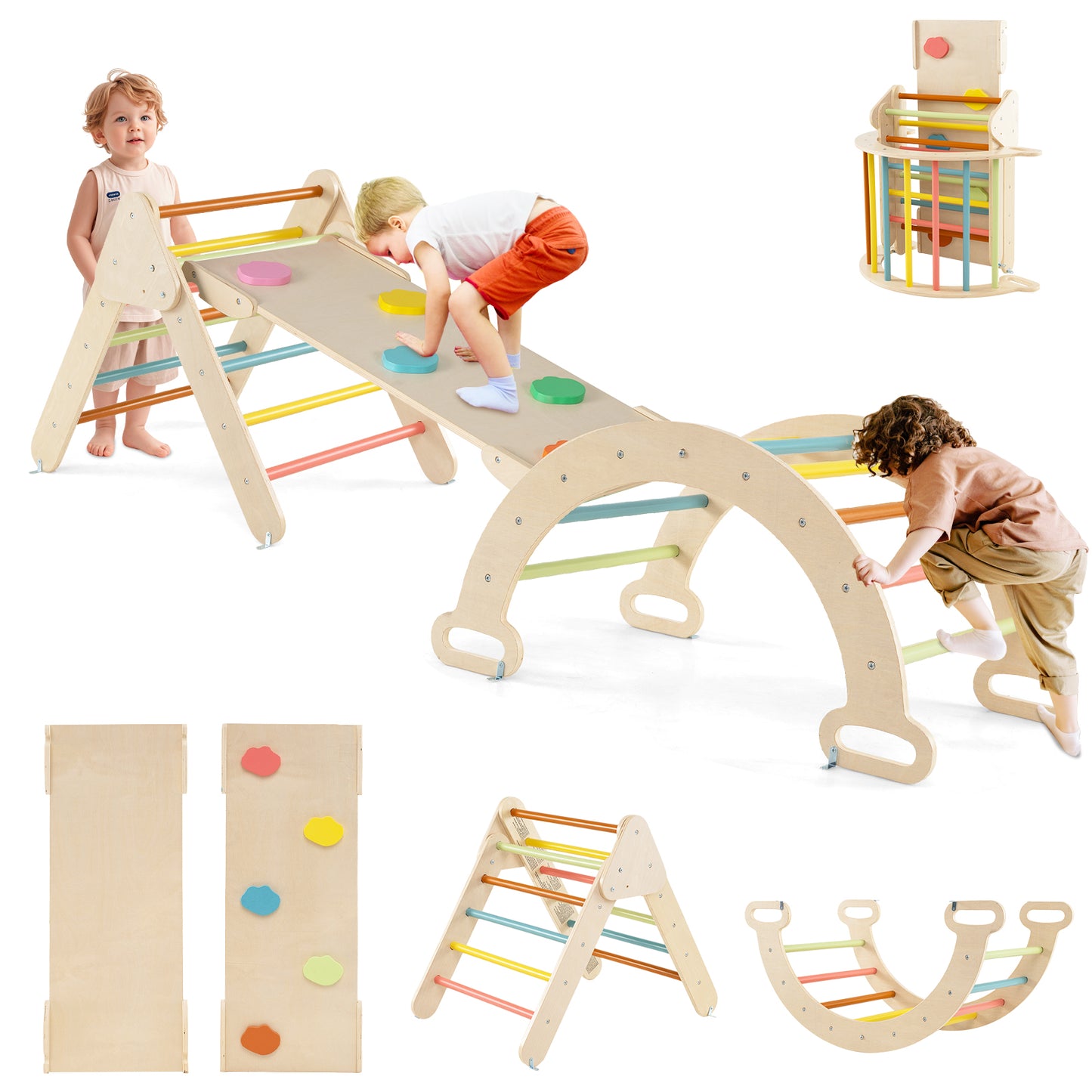 5-in-1 Triangle Climbing Toys with Arch Ramp for 1+ Years Old-Macaron
