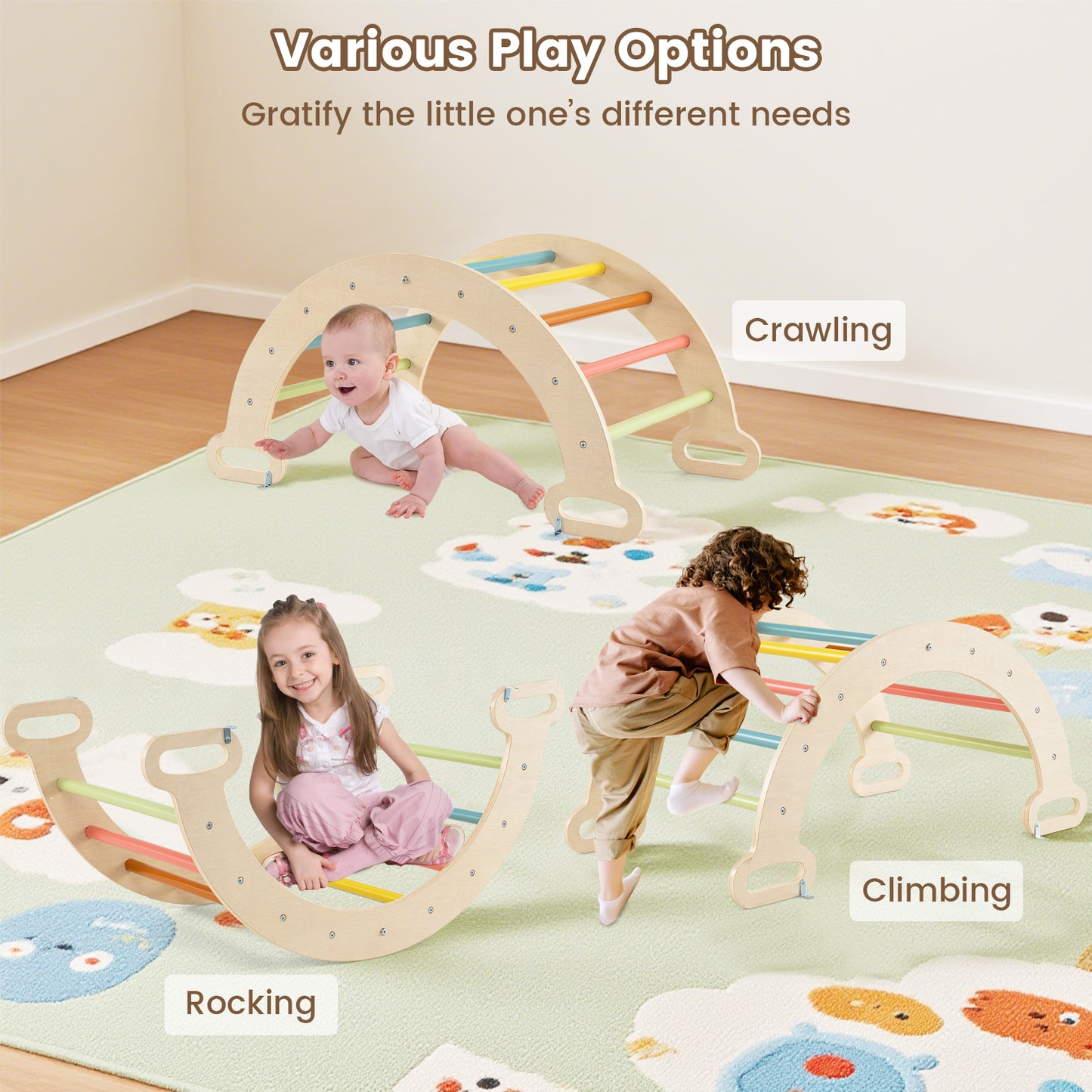 5-in-1 Triangle Climbing Toys with Arch Ramp for 1+ Years Old-Macaron