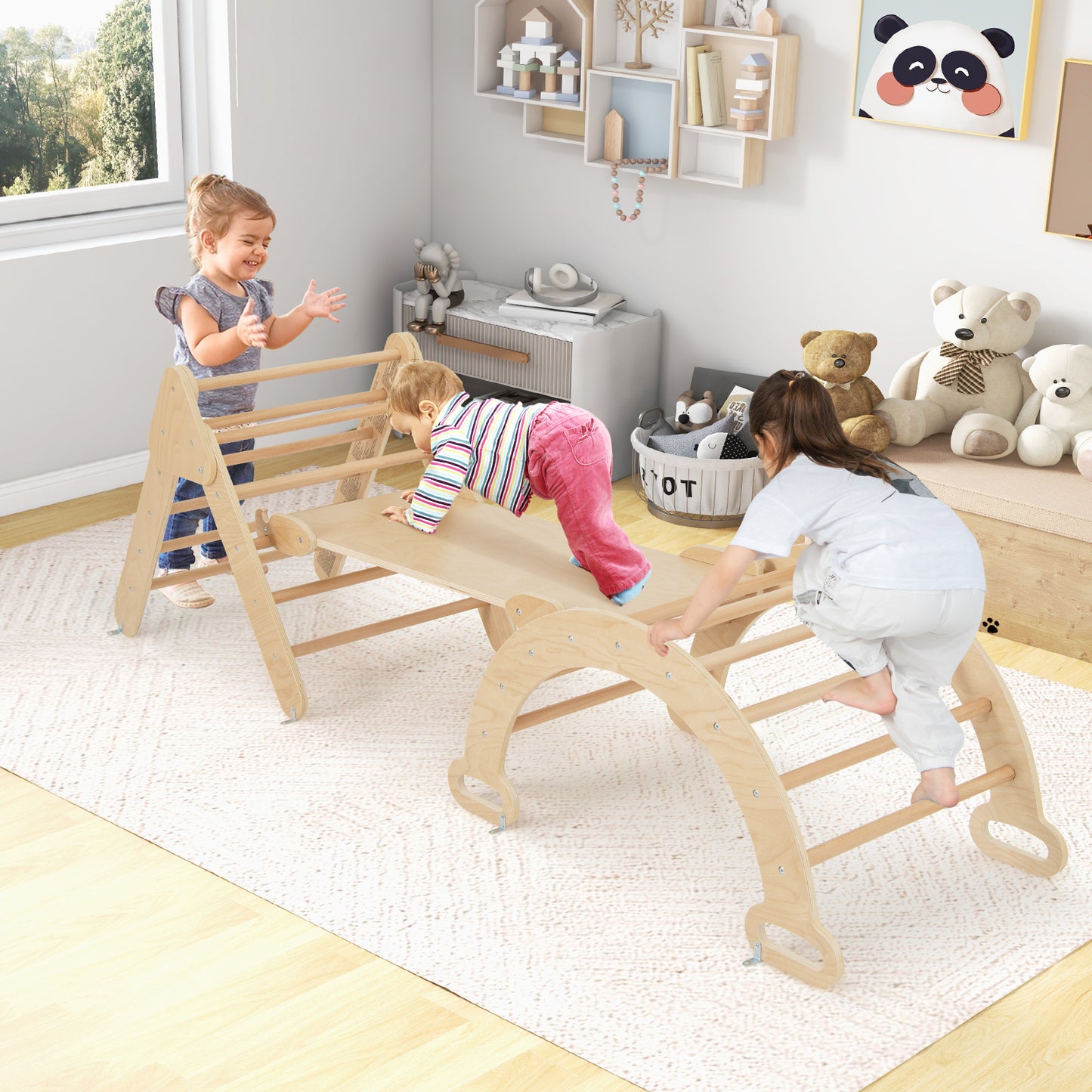 5-in-1 Triangle Climbing Toys with Arch Ramp for 1+ Years Old-Wood